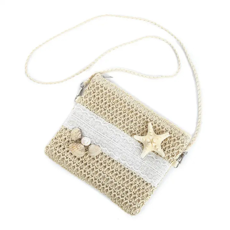 Cream Sea Stars & Shells Crossbody Straw Bag