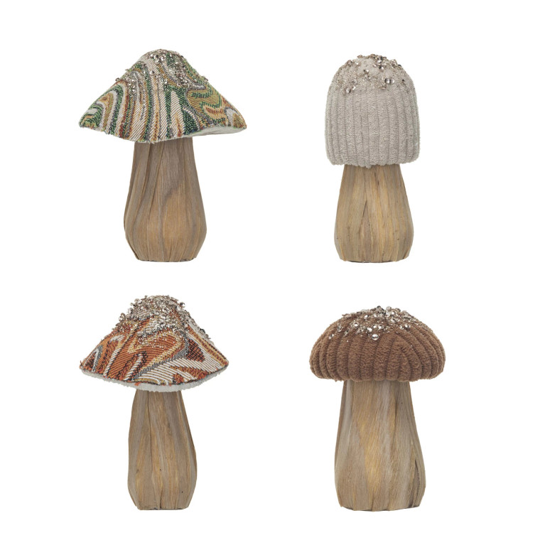 Fabric Topped Foam Mushrooms with Wood Base Set