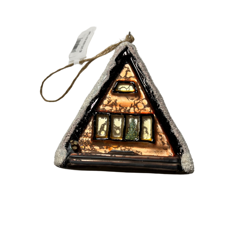 Brown Cabin with Tree in Window Glass Ornament