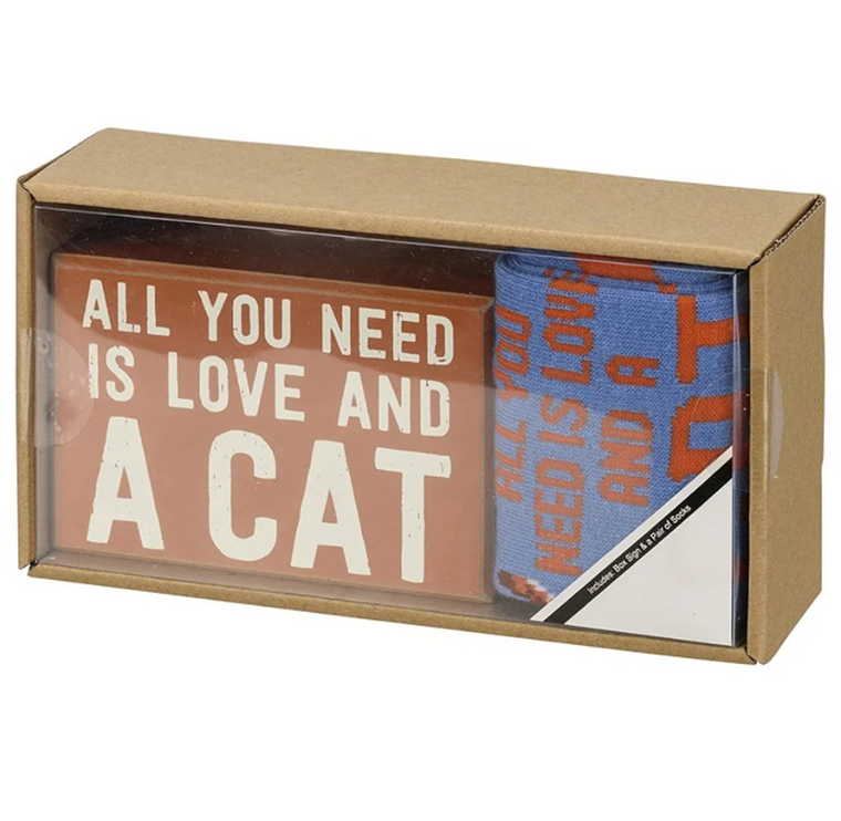 Love and a Cat Wooden Box Sign and Socks Gift Set
