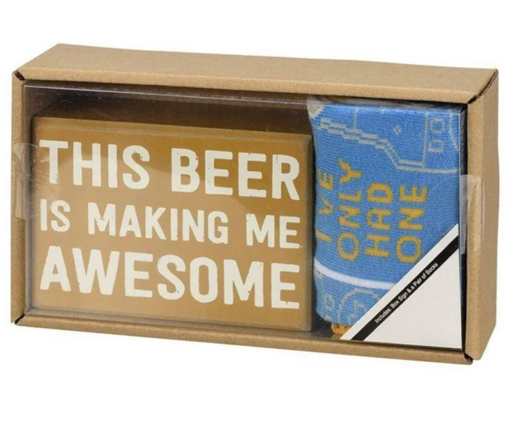 Beer Wooden Box Sign and Socks Gift Set