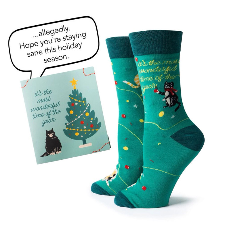 Green Cat Wonderful Holiday Card Sock Set