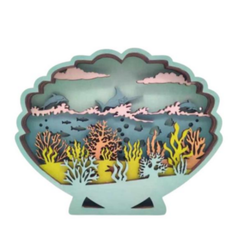 Blue Seashell Layered Wood Shelf Sitter