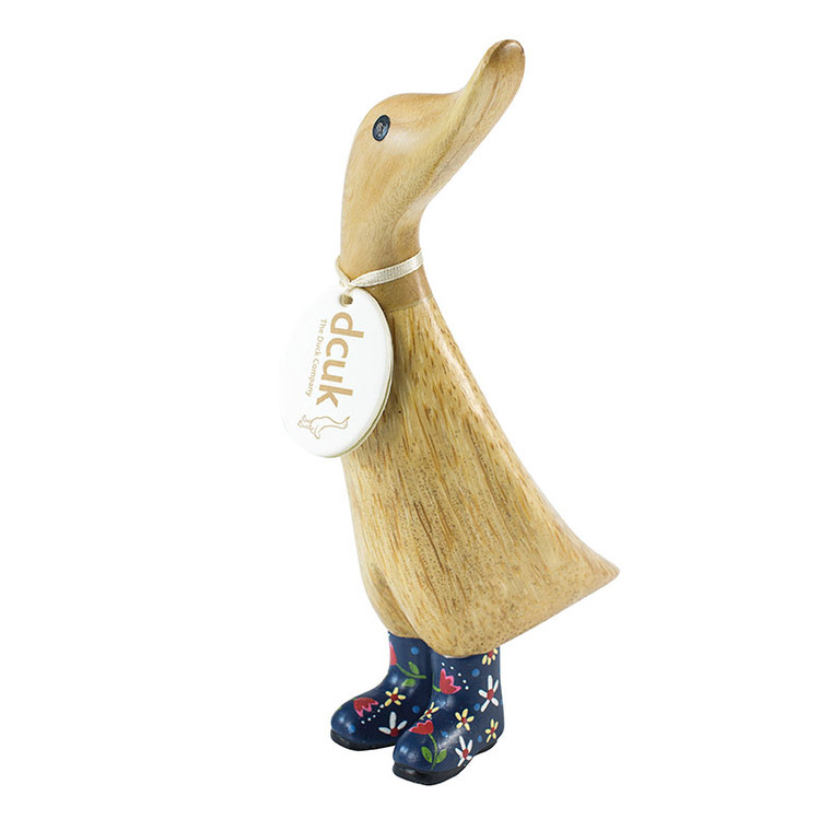 Duckling Natural Wearing Navy Blue Floral Wellies