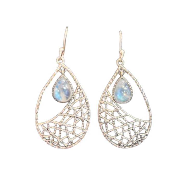 Rainbow Moonstone Tear basket Weave Silver Earrings