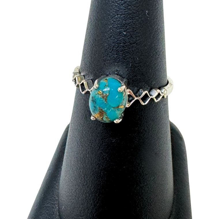 Copper Turquoise Oval with Prongs Silver Ring S7