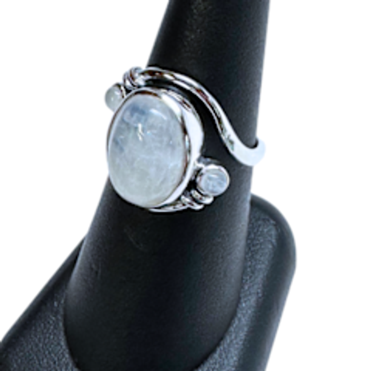 Rainbow Moonstone in Swirl with 2 Stone Silver Ring S8