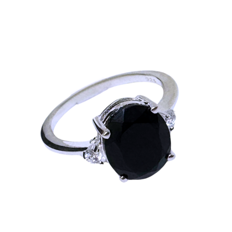 Oval Black Onyx Prong with White Topaz Silver Ring S6