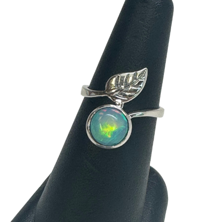 Ethiopian Opal with Leaf Silver Ring S7
