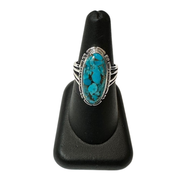 Copper Turquoise Large Oval Silver Ring S8