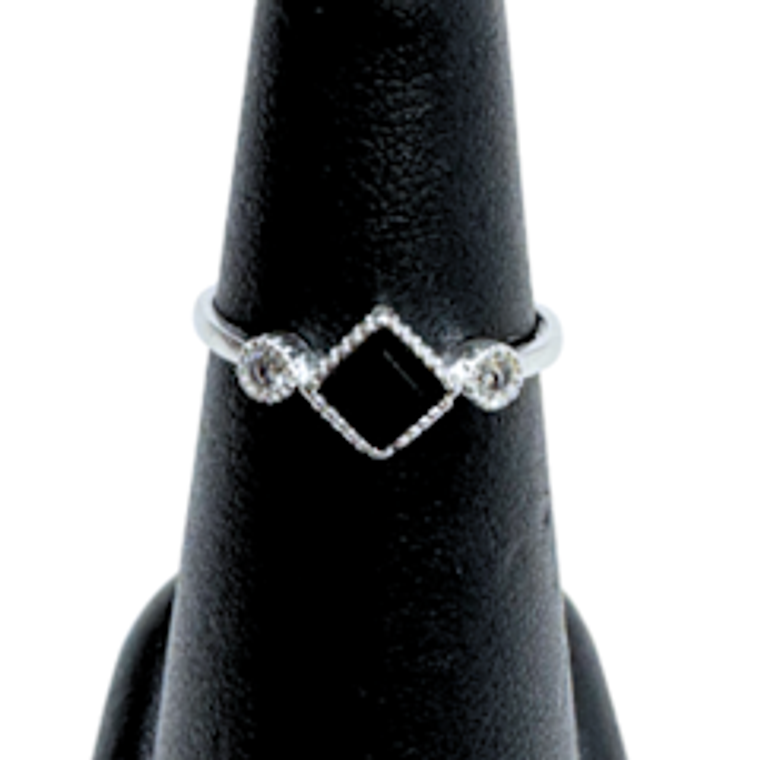 Black Onyx Diamond Shaped with White Topaz Silver Ring S7