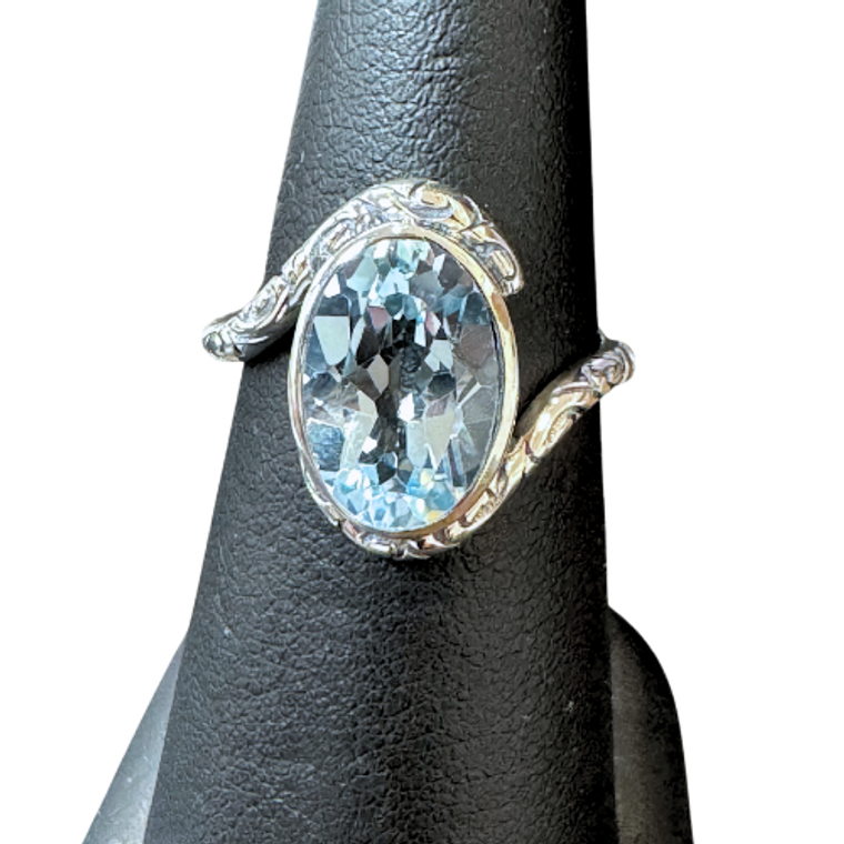 Blue Topaz Med Oval Scrolly Band Silver Ring S8