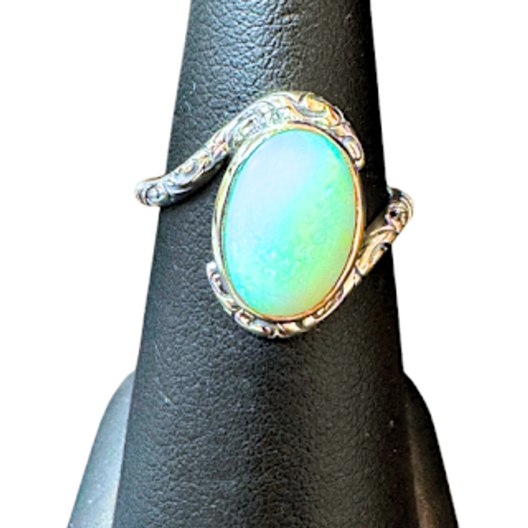 Opal Med Oval Scrolly Band Silver Ring S6