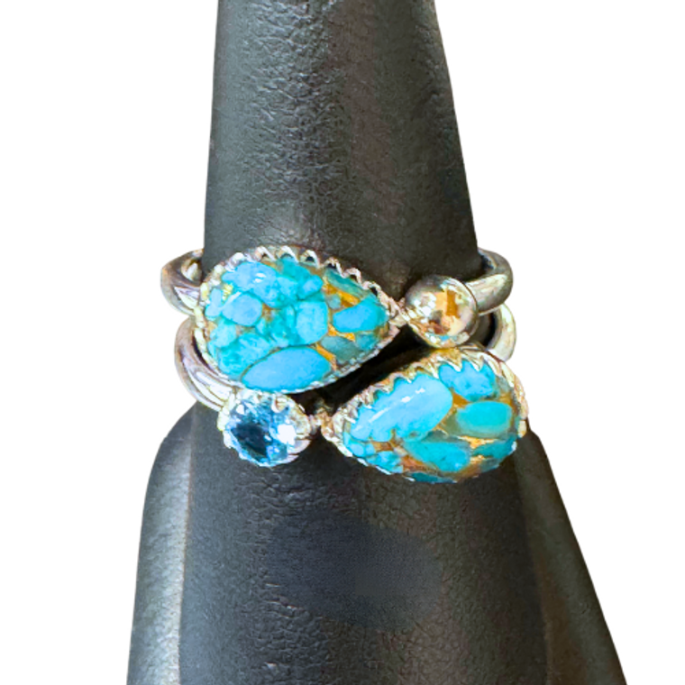Copper Turquoise, Swiss Blue Topaz Silver 2-Ring Set S9