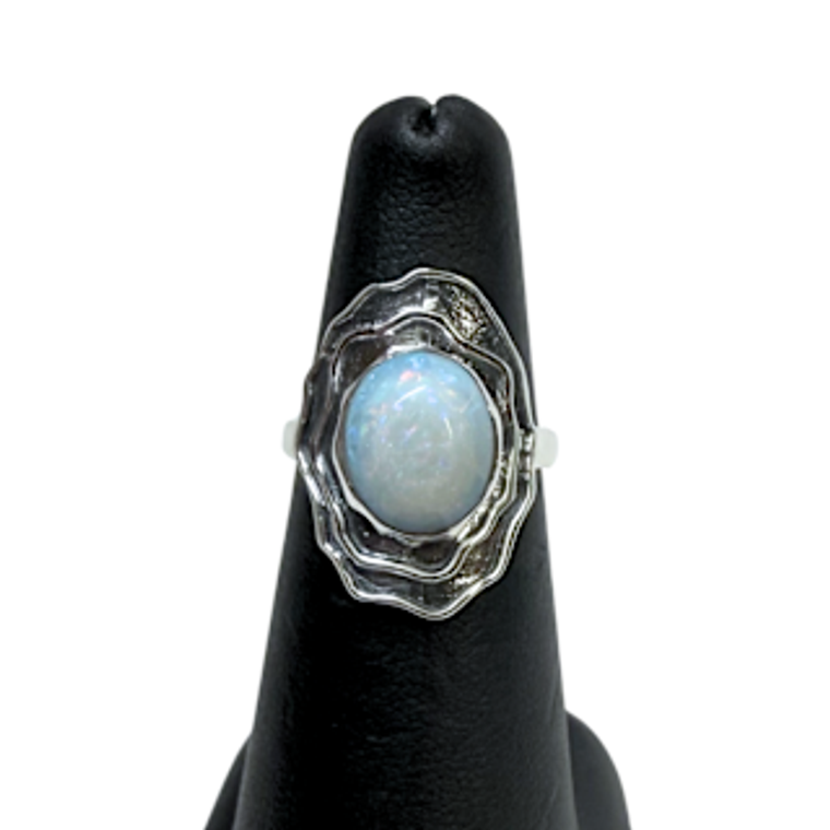 Opal Oval Wavy Outline Silver Ring S6