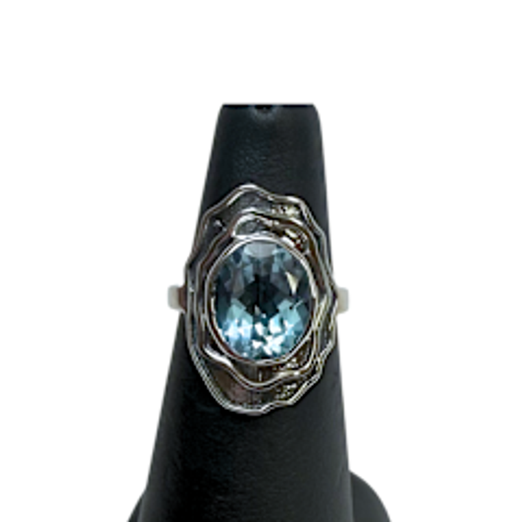 Blue Topaz oval wavy outline Silver Ring S7