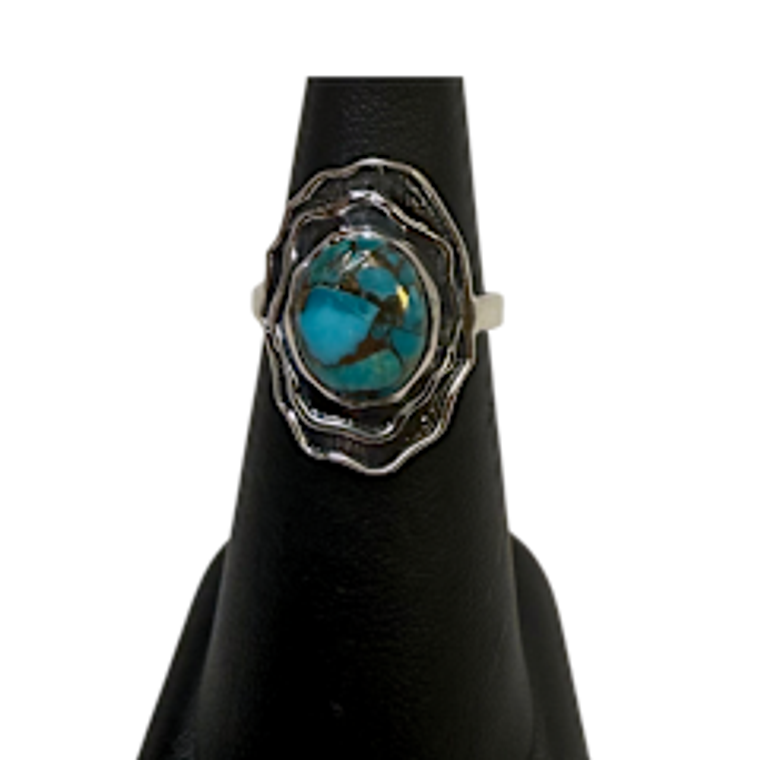 Copper Turquoise Oval Wavy Outline Silver Ring S7