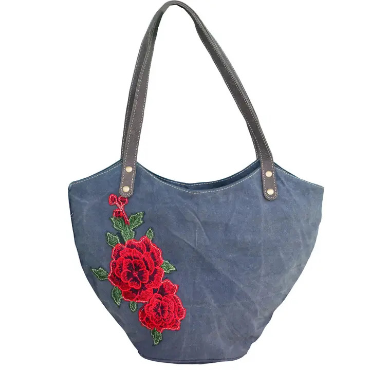 Blue Canvas with Embroidered Flower Shoulder Bag