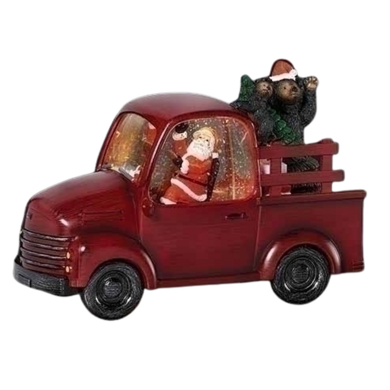 Lighted Swirl Red Truck with Santa & Bears Water Lantern