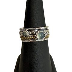 Silver/Gold Dots with Aqua Chalcedony Spin Ring S6