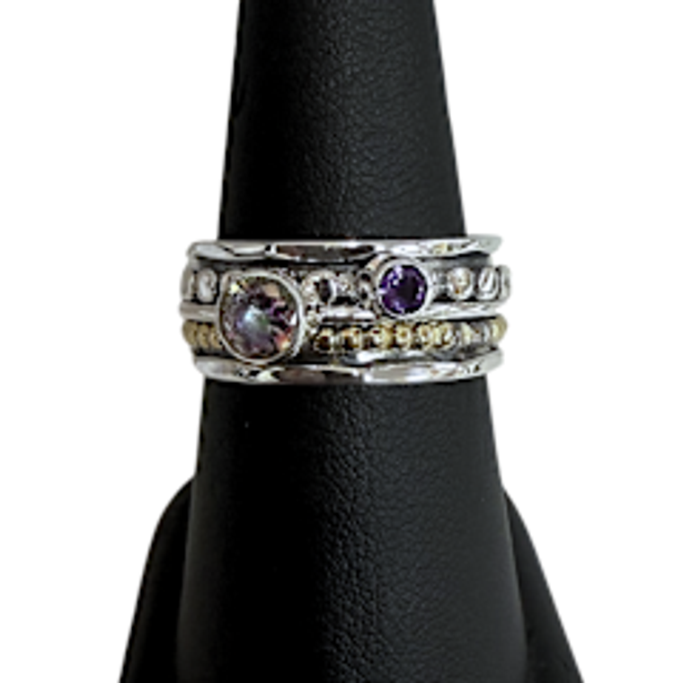 Silver/Gold Dots with Mystic Topaz & Amethyst Spin Ring S7