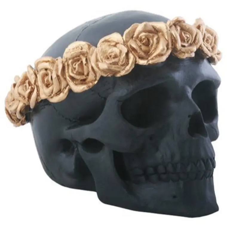 Gold Rose Flower Skull Black Head