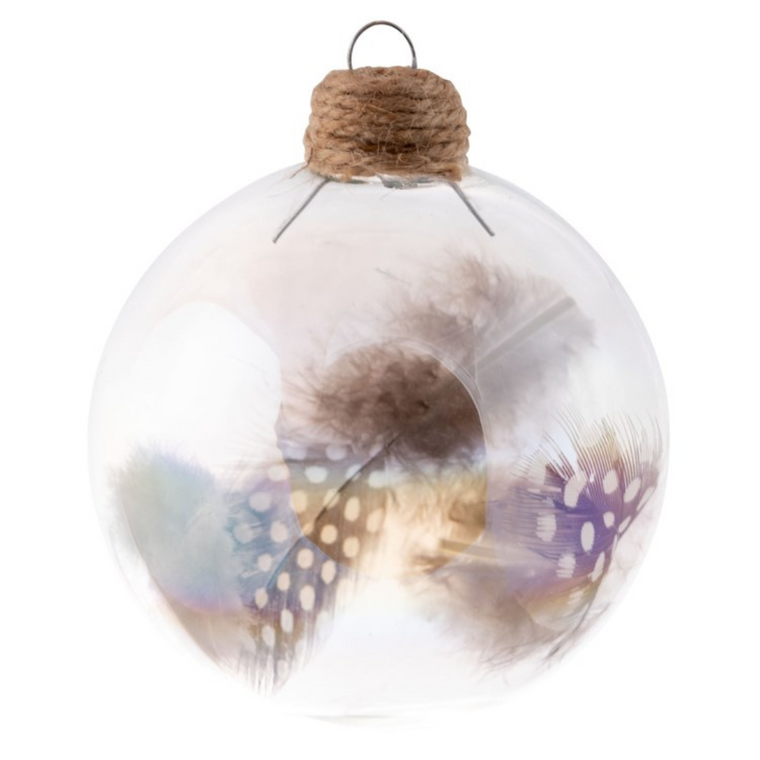 Clear Feather Filled Glass Ball Ornament