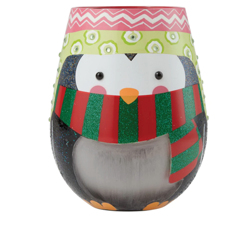 Penguin Stemless Wine Glass Dressed for Holiday