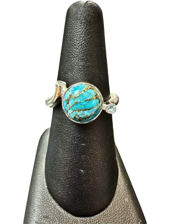 Copper Turquoise circle with Blue Topaz Silver Ring S8