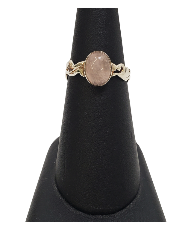 Rose Quartz oval wavy band Silver Ring S6