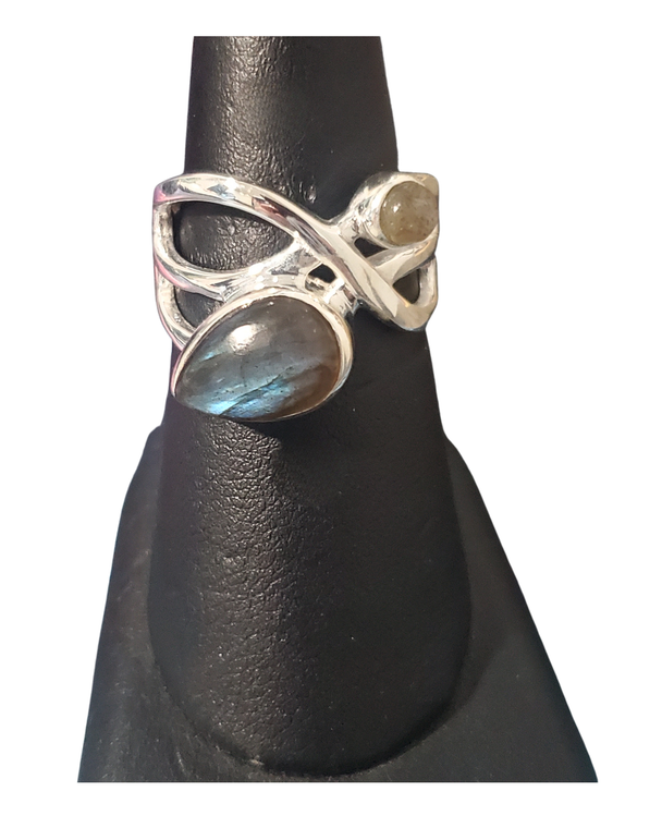 Labradorite Tear with circle Silver Ring S8