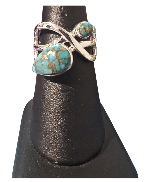 Copper Turquoise Tear with circle Silver Ring S9