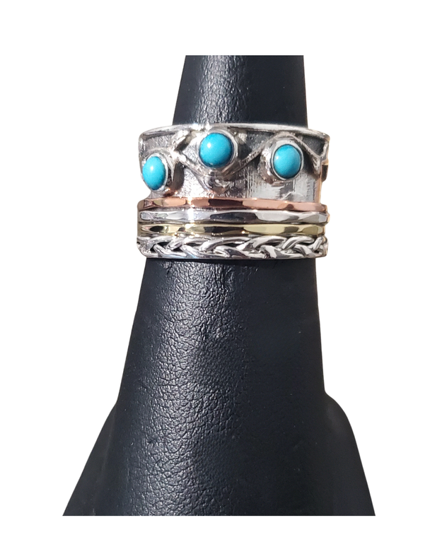 Turquoise 3 stone with Gold Spin Ring S7
