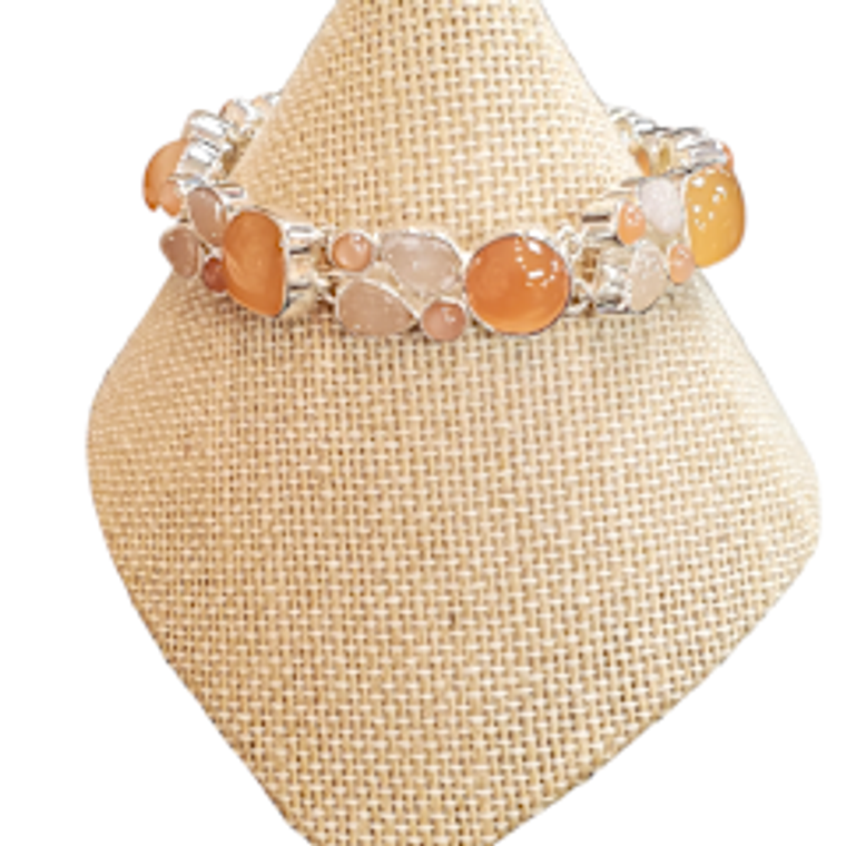 Natural Druzy with Peach Moonstone Silver Bracelet