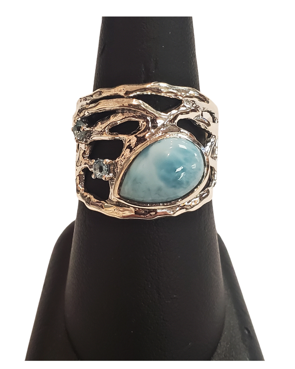Larimar tear with Swiss Blue Topaz Silver Ring S8