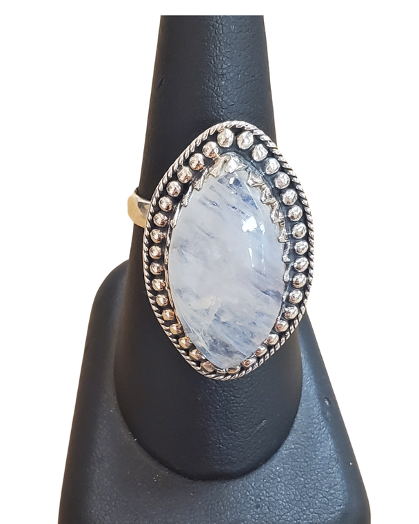 Rainbow Moonstone beaded marquis Silver Ring Adjustable