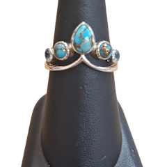 Copper Turquoise & Blue Topaz 5 stone crown Ring S9