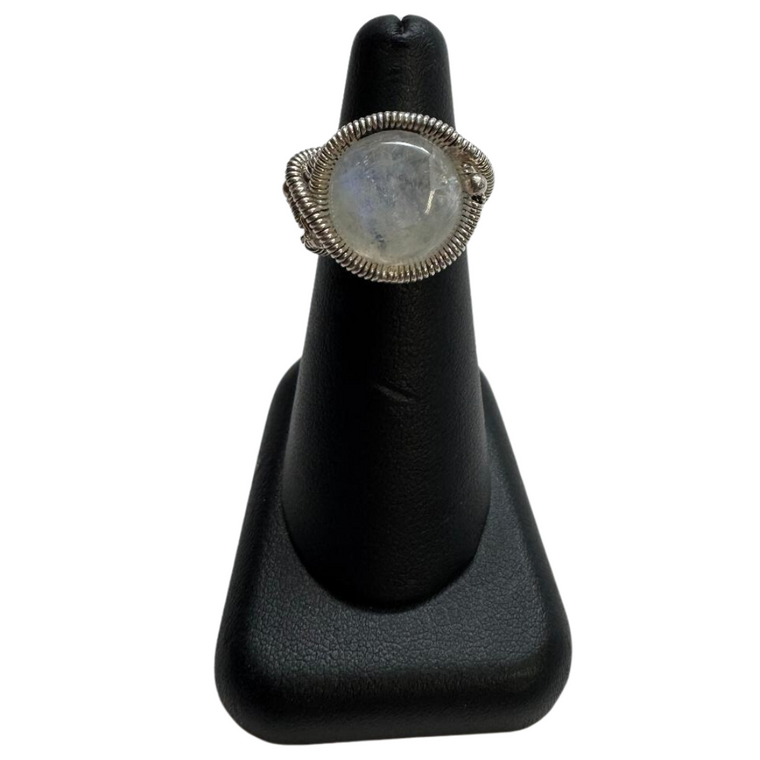 Rainbow Moonstone Circle Silver Ring S6
