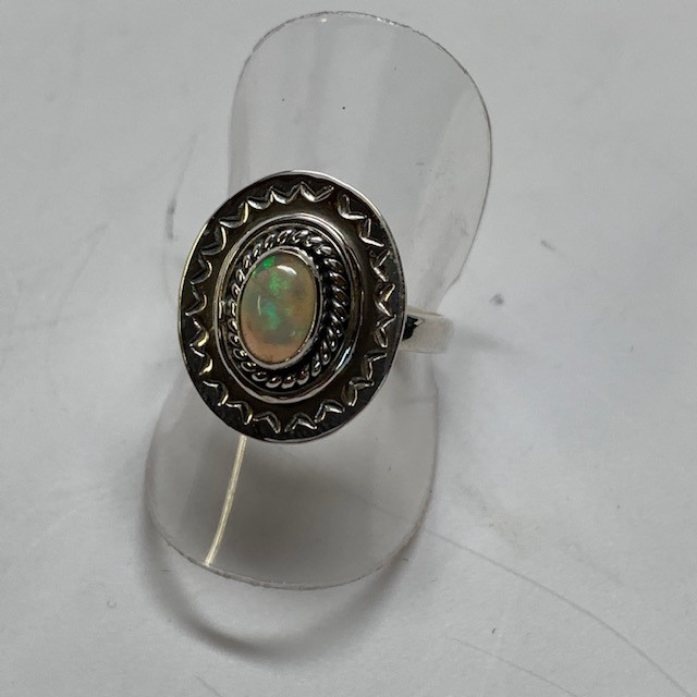 Fire Opal with Aztec design Silver Ring S9