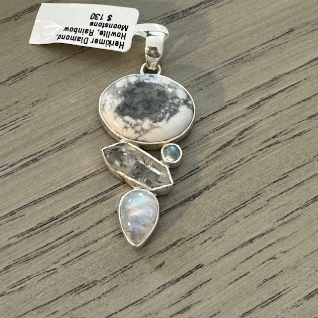 Howlite, Herkimer DIamond, Moonstone Silver Necklace