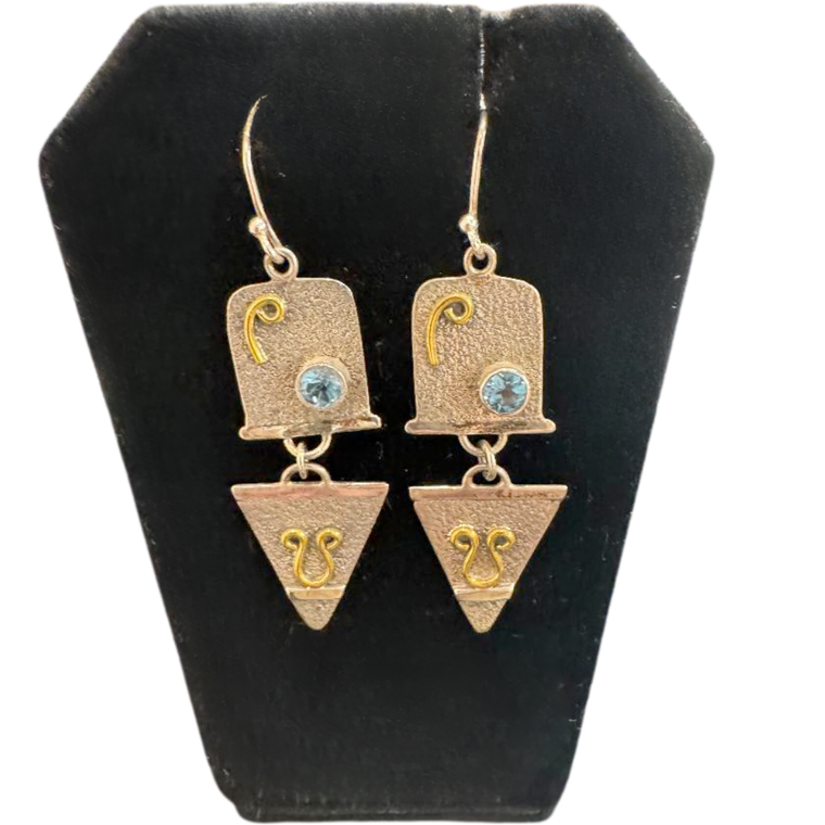 Swiss Blue Topaz Textured Silver with Gold Earrings