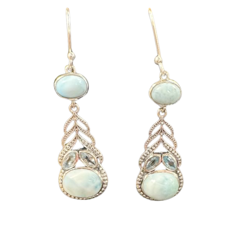 Larimar, Blue Topaz Oval with Leaves Earrings
