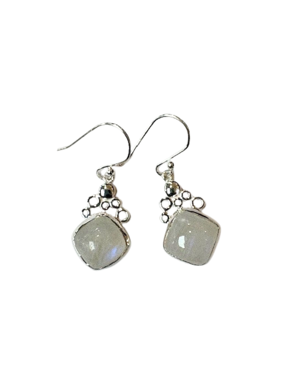 Rainbow Moonstone Diamond Shaped Silver Earrings