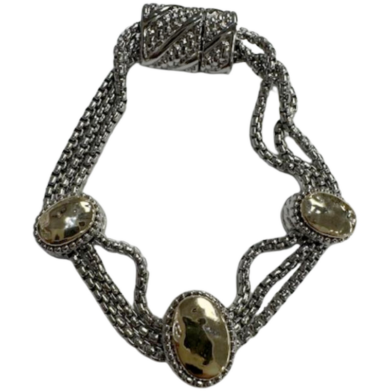 Stainless Silver 3 Band Gold Ovals Magnet Clasp Bracelet