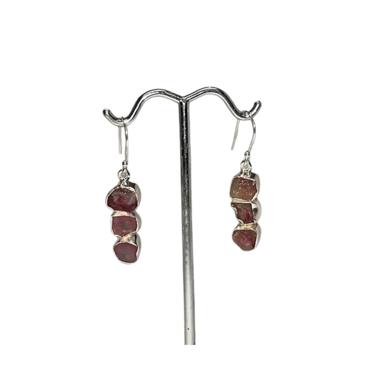 Ruby 3 Stones Silver Earrings