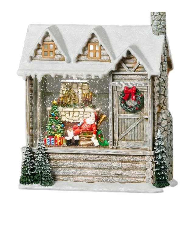 Lighted 9in Swirl Log Cabin Water Lantern