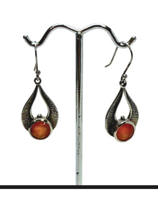 Carnelian Tear with Lines Silver Earrings
