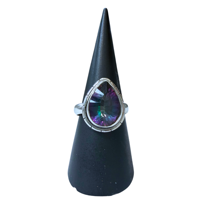 Mystic Topaz Tear Facet Silver Ring S7