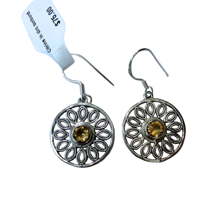 Citrine in Circle Sunburst Silver Earrings