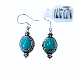 Blue Turquoise Oval Scroll Drop Silver Earrings
